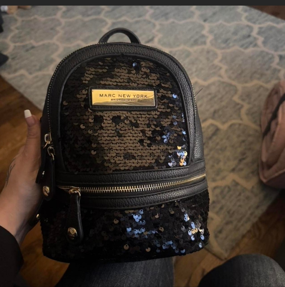Marc New York Black Sequin Mini Backpack with Gold Plate
